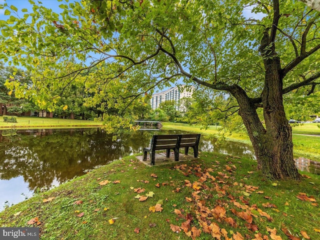 view of community featuring a water view and a lawn