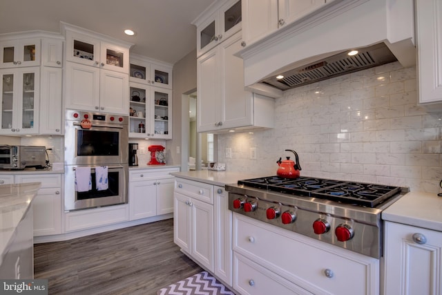 kitchen with white cabinetry, stainless steel appliances, dark wood-type flooring, and premium range hood