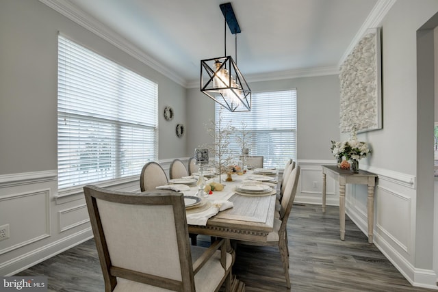 dining space featuring ornamental molding, dark hardwood / wood-style floors, and a chandelier