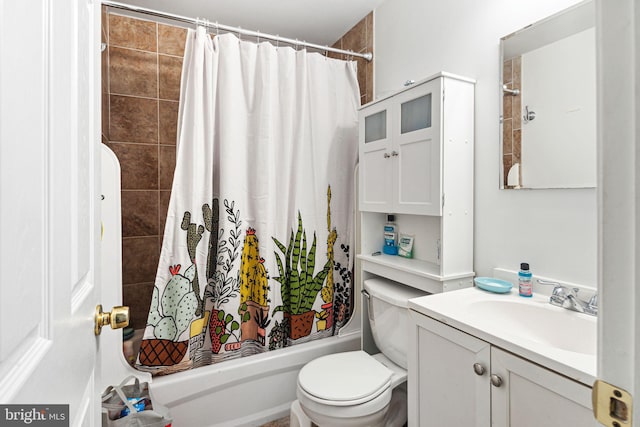 full bathroom featuring vanity, shower / bathtub combination with curtain, and toilet