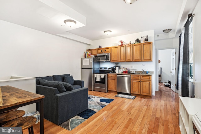 kitchen with sink, light hardwood / wood-style flooring, and appliances with stainless steel finishes