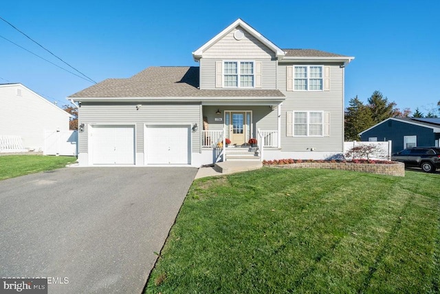 view of front of home featuring a porch, a garage, and a front lawn