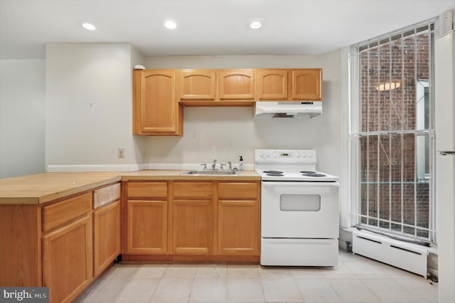 kitchen featuring a baseboard heating unit, sink, and white range with electric stovetop