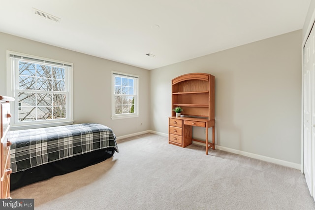 carpeted bedroom with a closet