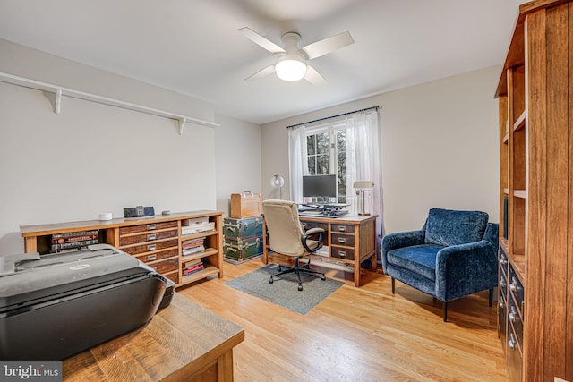 office featuring ceiling fan and light wood-type flooring