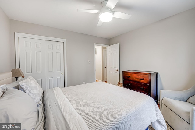 bedroom with ceiling fan and a closet