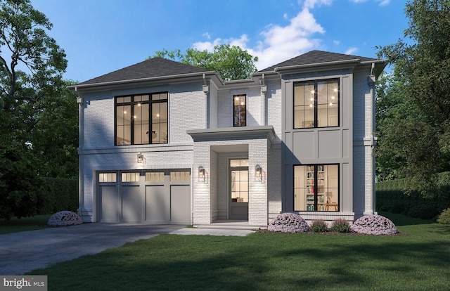 view of front facade featuring concrete driveway, brick siding, an attached garage, and a front yard