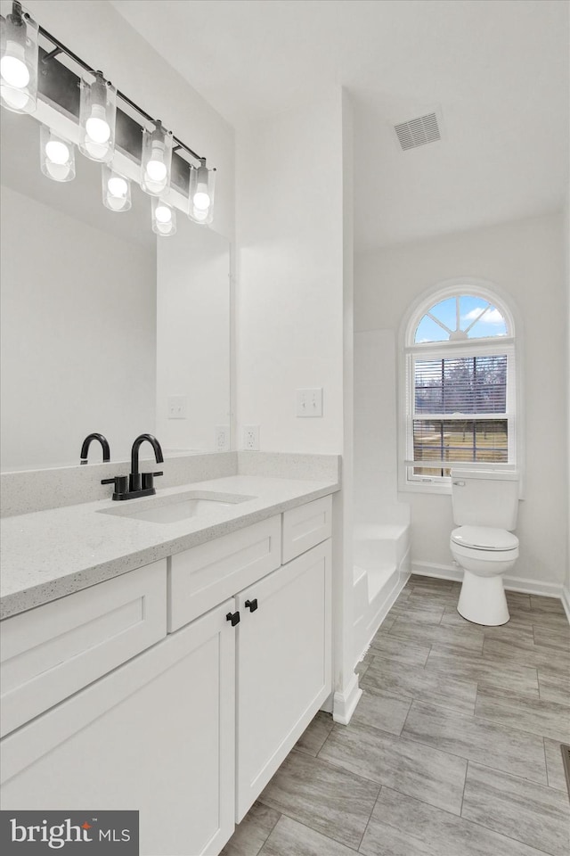 bathroom featuring vanity, toilet, and a tub