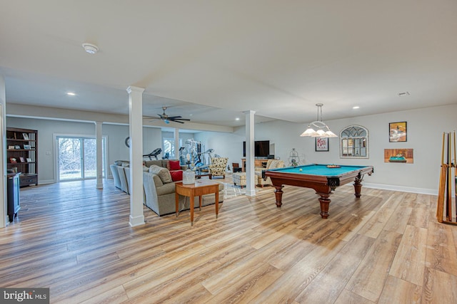 playroom featuring billiards, light hardwood / wood-style floors, ceiling fan, and ornate columns