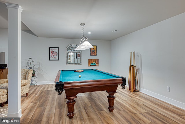 rec room featuring pool table and light wood-type flooring