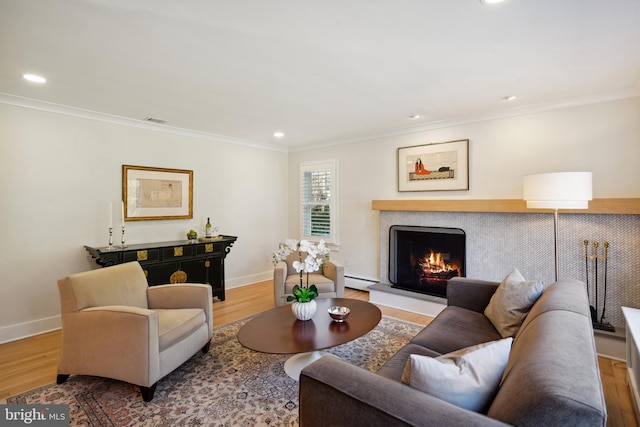 living room featuring ornamental molding, a warm lit fireplace, and wood finished floors