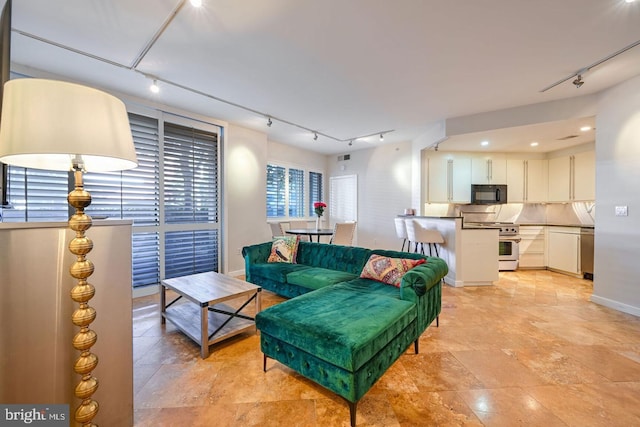 living room featuring rail lighting