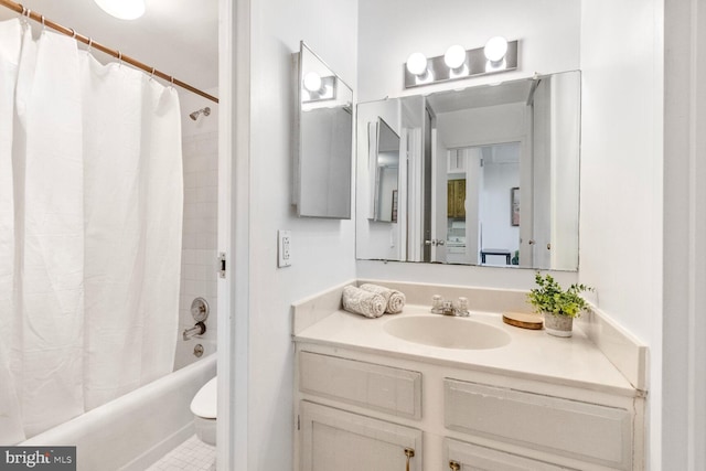 full bath featuring toilet, shower / tub combo with curtain, and vanity