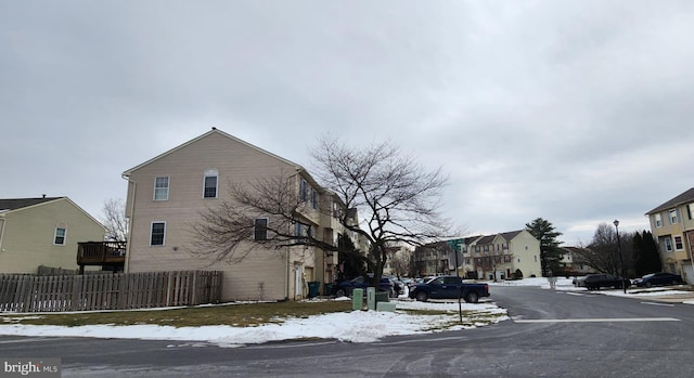 view of snow covered property