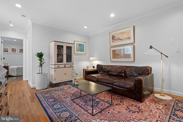 living room with ornamental molding and light hardwood / wood-style floors