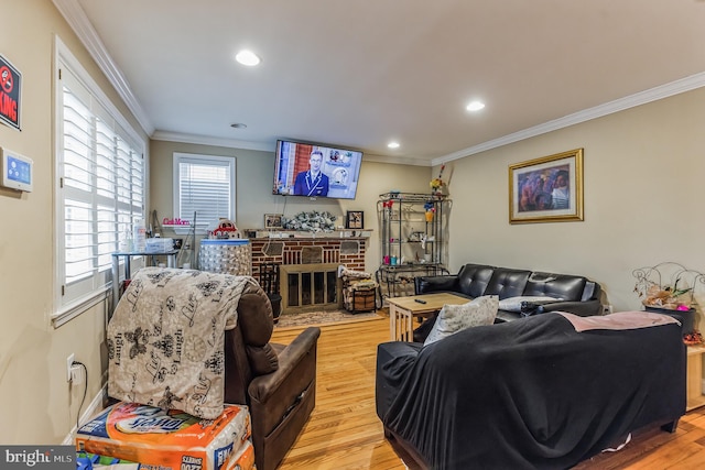 living room with light wood-type flooring, ornamental molding, and a fireplace