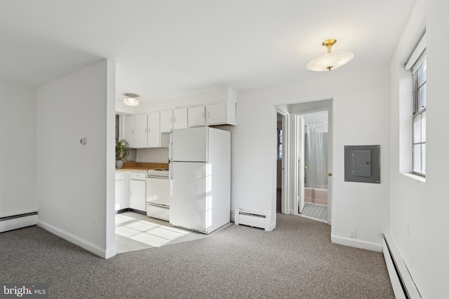 kitchen with white appliances, electric panel, light carpet, and baseboard heating