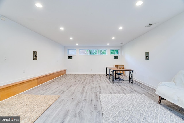 office area with recessed lighting, baseboards, visible vents, and light wood finished floors