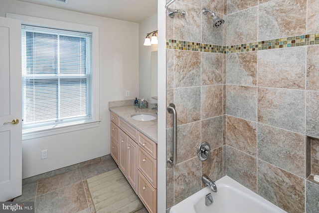 full bathroom featuring  shower combination, vanity, and baseboards