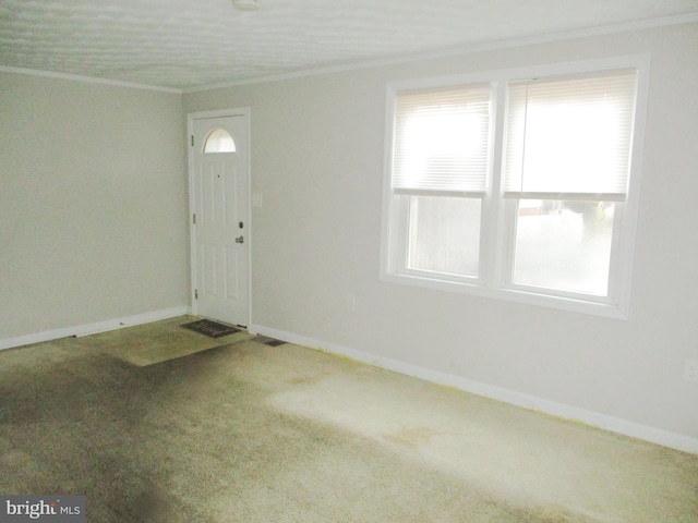 entrance foyer featuring ornamental molding and carpet floors