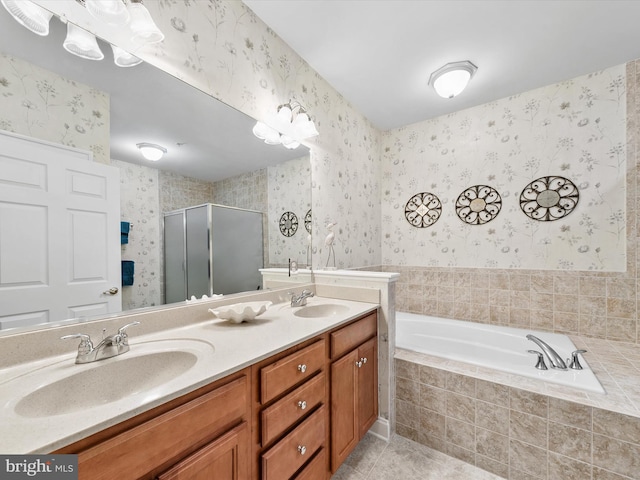 bathroom with tile patterned floors, vanity, and plus walk in shower