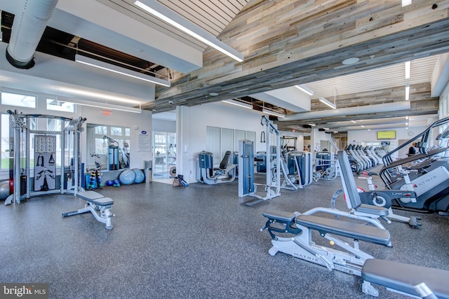 exercise room featuring a high ceiling