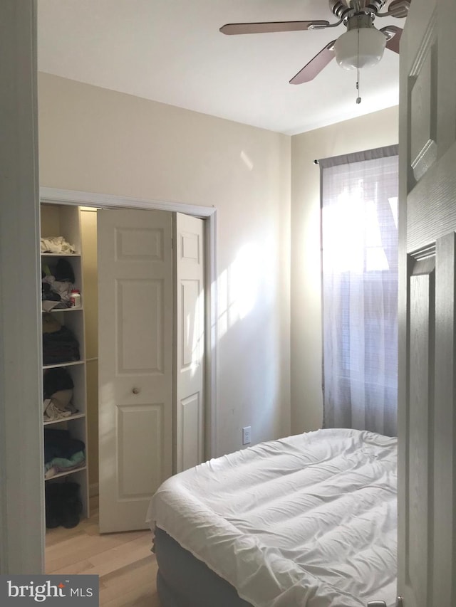 bedroom featuring ceiling fan, light hardwood / wood-style floors, and a closet