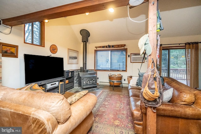 living room with a wall mounted air conditioner, a baseboard radiator, lofted ceiling with beams, and a wood stove