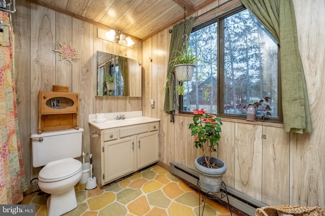 bathroom featuring wooden ceiling, toilet, vanity, and wood walls