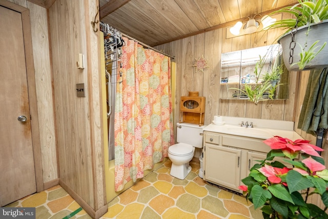 full bathroom with toilet, wooden ceiling, vanity, wooden walls, and shower / bath combo