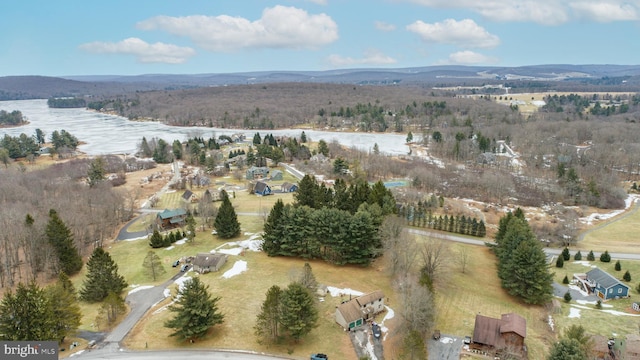 bird's eye view with a water and mountain view