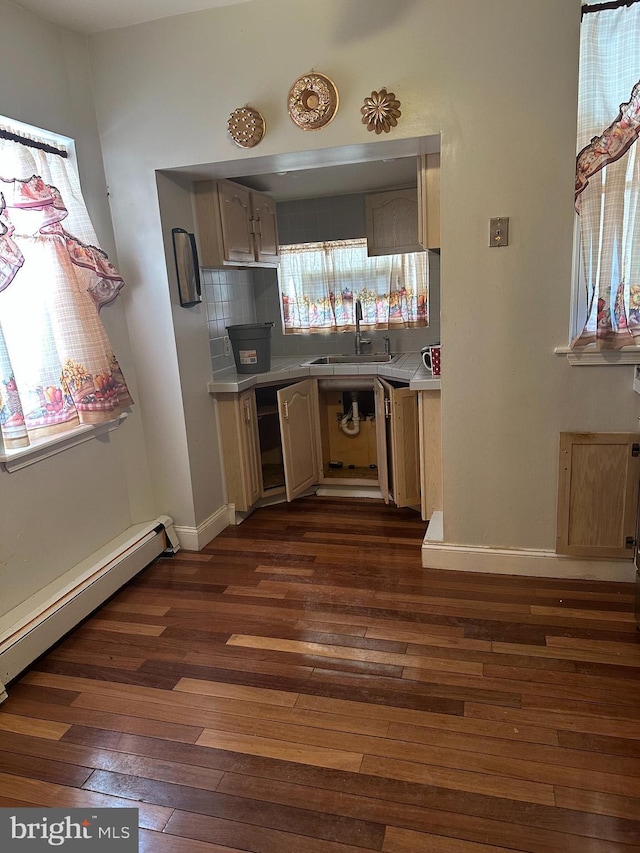 kitchen featuring tasteful backsplash, a baseboard radiator, dark hardwood / wood-style flooring, and sink