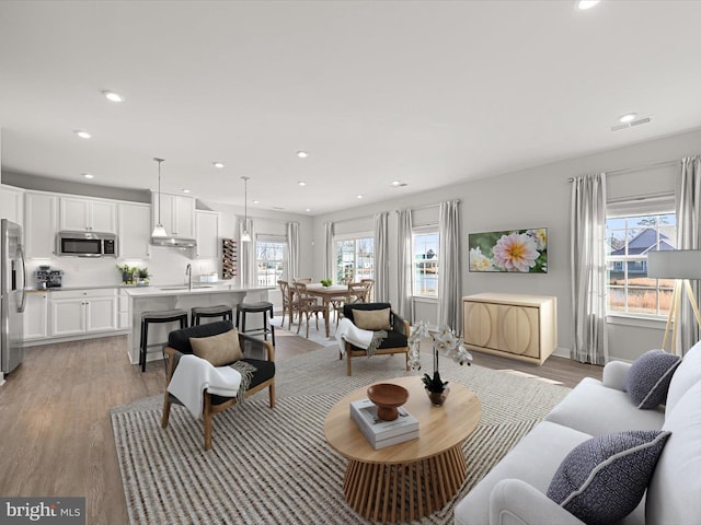 living room featuring sink and light hardwood / wood-style flooring