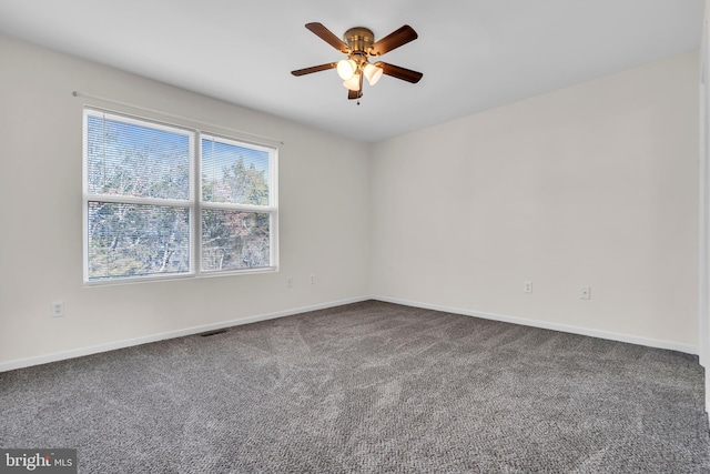 spare room featuring ceiling fan and carpet