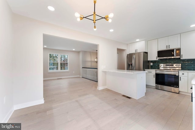 kitchen with pendant lighting, appliances with stainless steel finishes, white cabinetry, backsplash, and light hardwood / wood-style floors