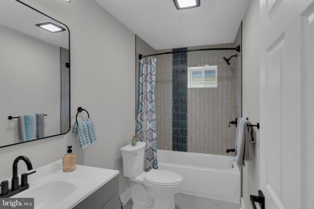 full bathroom with vanity, shower / bathtub combination with curtain, and toilet