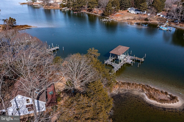 drone / aerial view featuring a water view