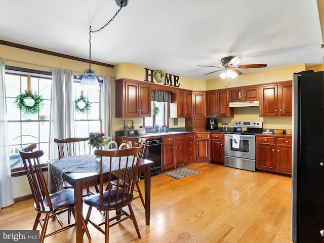 kitchen featuring pendant lighting, sink, ceiling fan, stainless steel appliances, and light wood-type flooring