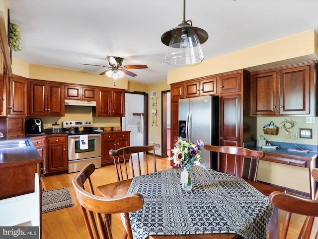 kitchen featuring ceiling fan, stainless steel appliances, sink, and light hardwood / wood-style flooring