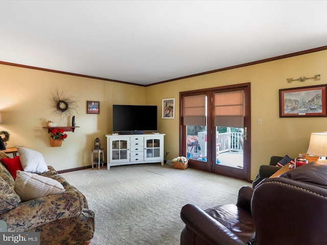 carpeted living room with ornamental molding