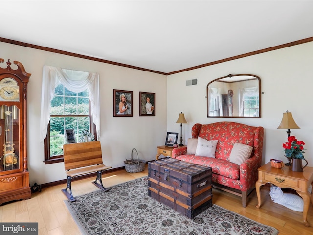 living room with wood-type flooring and crown molding