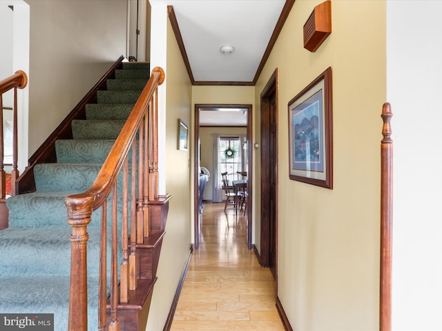 hall with crown molding and light hardwood / wood-style floors