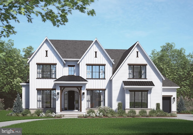 modern farmhouse featuring board and batten siding, a front lawn, roof with shingles, metal roof, and a standing seam roof