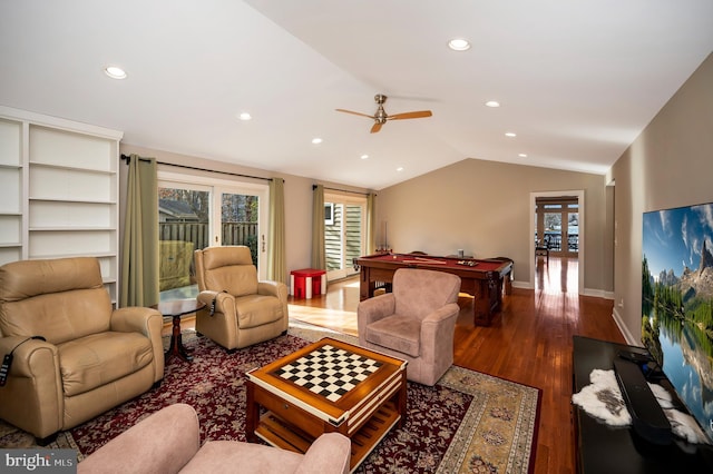 living room with a healthy amount of sunlight, lofted ceiling, pool table, and wood-type flooring