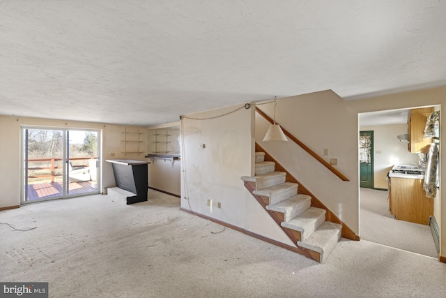 interior space with light colored carpet and a textured ceiling