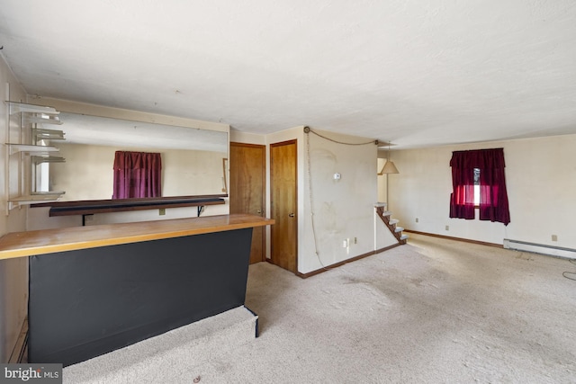 bar featuring light colored carpet and a baseboard heating unit