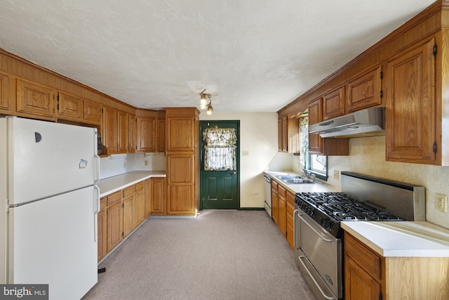 kitchen featuring appliances with stainless steel finishes, sink, light carpet, and a textured ceiling