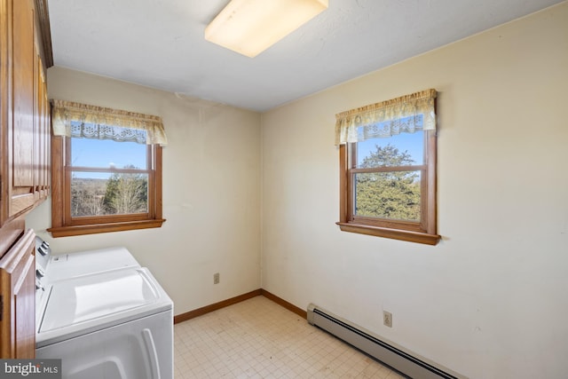 clothes washing area with a baseboard radiator and washer and dryer