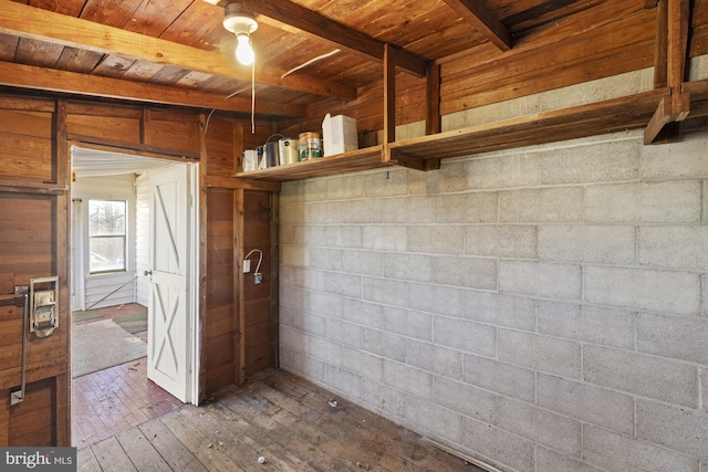 interior space with hardwood / wood-style flooring and wooden ceiling