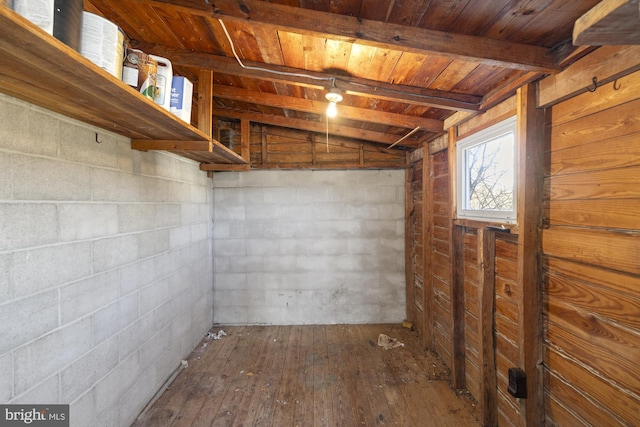 basement with hardwood / wood-style flooring and wood ceiling